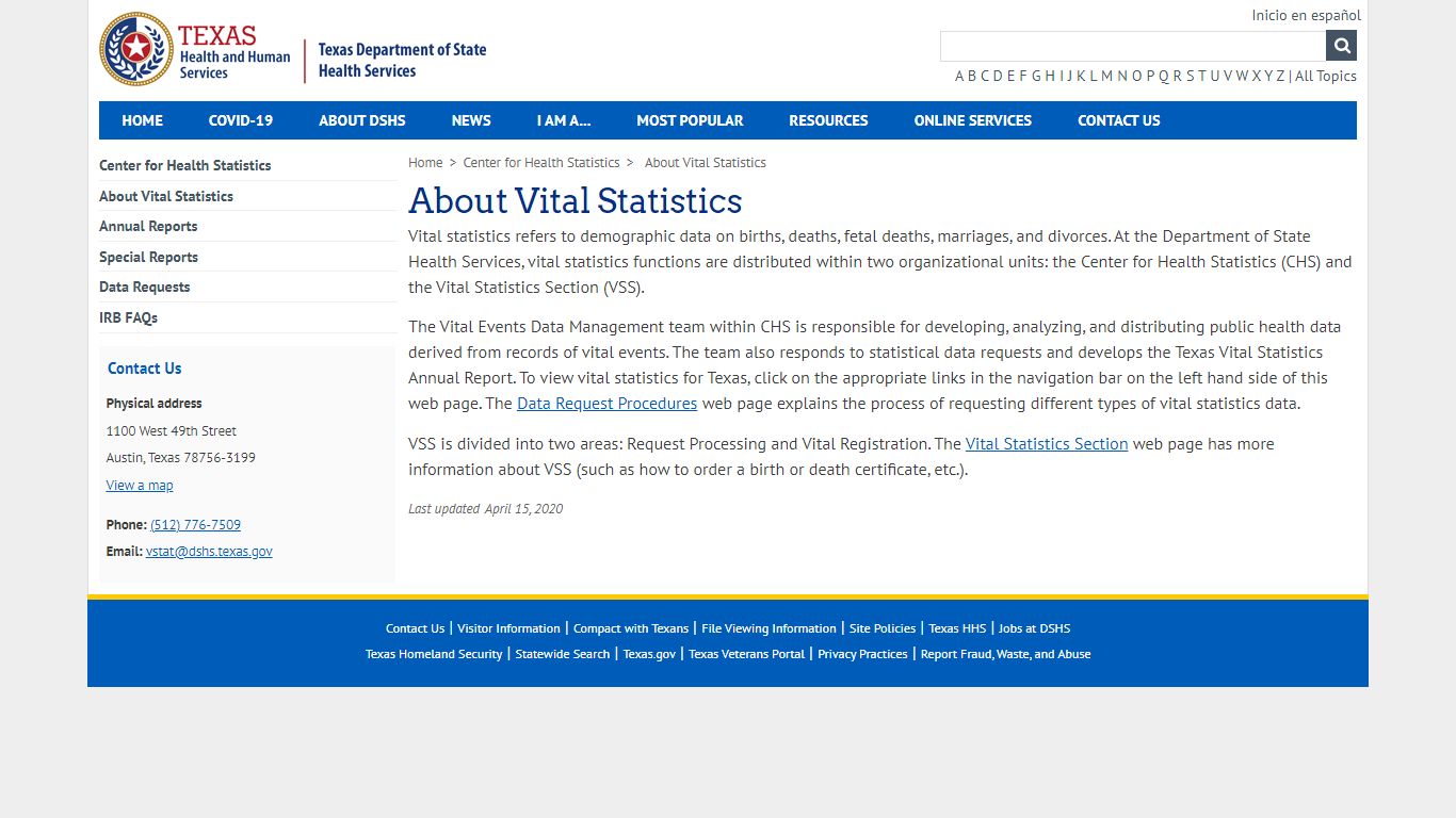 Texas Department of State Health Services, About Vital Statistics